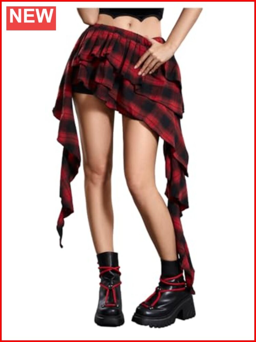 Plaid Ruffle Mini Skirt Asymmetrical Skorts with Built